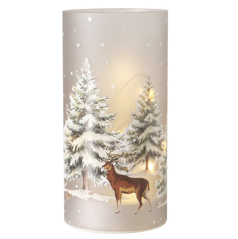 Lanterna led natalizia in vetro opaco decorata con renna nel bosco innevato, perfetta come regalo di Natale